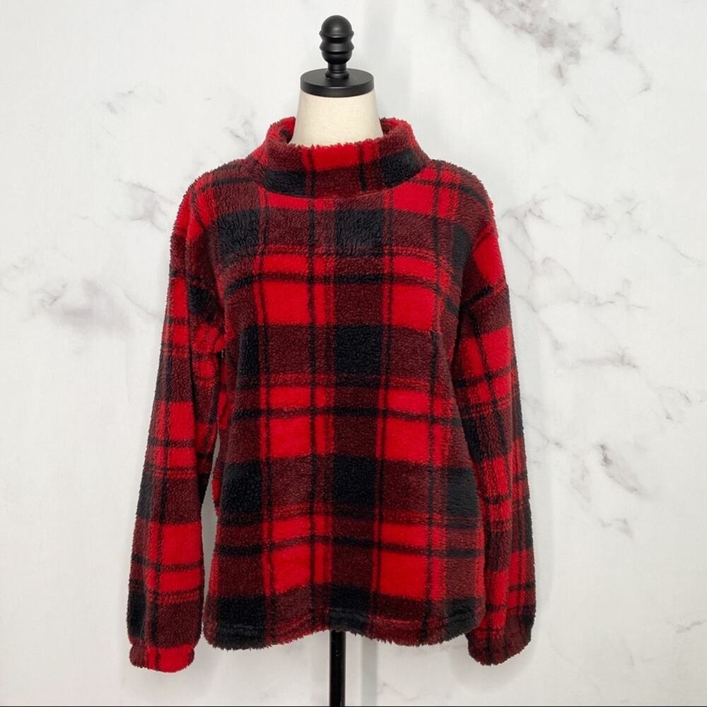 NWT Maurices Plaid Fleece Teddy Pullover Red Black Fleece Cabin Core Size M
